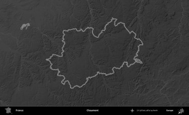 Chaumont. Gri tonlu yükseklik haritasında Fransa 'nın idari bölgesinin ana hatları çizilmiş