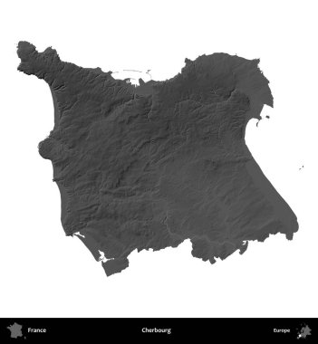 Cherbourg 'da. Fransa 'nın idari bölgesi gri ölçekli yükseklik haritasında beyaza izole edildi