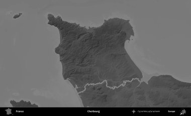 Cherbourg 'da. Gri tonlu yükseklik haritasında Fransa 'nın idari bölgesinin ana hatları çizilmiş