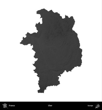 - Cher. Fransa 'nın idari bölgesi gri ölçekli yükseklik haritasında beyaza izole edildi