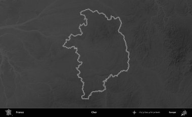 - Cher. Gri tonlu yükseklik haritasında Fransa 'nın idari bölgesinin ana hatları çizilmiş