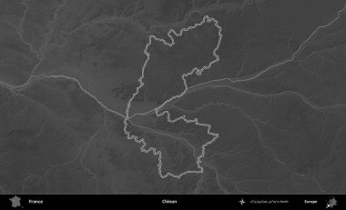 Chinon. Gri tonlu yükseklik haritasında Fransa 'nın idari bölgesinin ana hatları çizilmiş