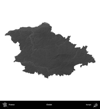Cholet. Fransa 'nın idari bölgesi gri ölçekli yükseklik haritasında beyaza izole edildi