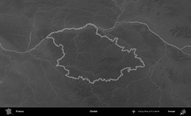 Cholet. Gri tonlu yükseklik haritasında Fransa 'nın idari bölgesinin ana hatları çizilmiş