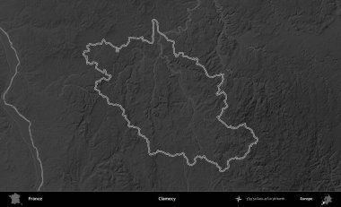 İstiridye. Gri tonlu yükseklik haritasında Fransa 'nın idari bölgesinin ana hatları çizilmiş