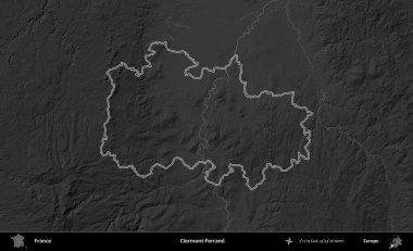 Clermont-Ferrand. Gri tonlu yükseklik haritasında Fransa 'nın idari bölgesinin ana hatları çizilmiş