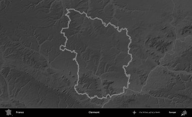 Clermont 'ta. Gri tonlu yükseklik haritasında Fransa 'nın idari bölgesinin ana hatları çizilmiş