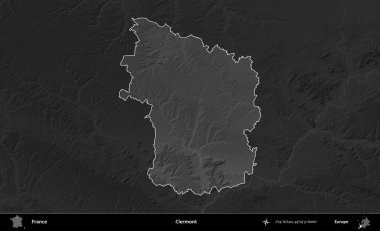 Clermont 'ta. Fransa 'nın idari alanı kararmış bir gri tonlama yükselme haritasına vurgulandı ve özetlendi