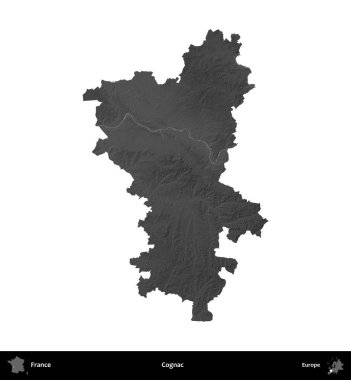 Konyak mı? Fransa 'nın idari bölgesi gri ölçekli yükseklik haritasında beyaza izole edildi