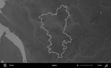 Konyak mı? Gri tonlu yükseklik haritasında Fransa 'nın idari bölgesinin ana hatları çizilmiş