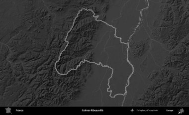 Colmar-Ribeauville 'de. Gri tonlu yükseklik haritasında Fransa 'nın idari bölgesinin ana hatları çizilmiş