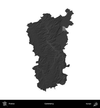 Merhamet et. Fransa 'nın idari bölgesi gri ölçekli yükseklik haritasında beyaza izole edildi