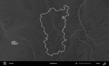 Merhamet et. Gri tonlu yükseklik haritasında Fransa 'nın idari bölgesinin ana hatları çizilmiş