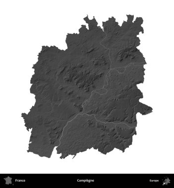 Compiegne. Fransa 'nın idari bölgesi gri ölçekli yükseklik haritasında beyaza izole edildi