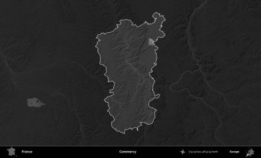 Merhamet et. Fransa 'nın idari alanı kararmış bir gri tonlama yükselme haritasına vurgulandı ve özetlendi