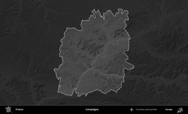 Compiegne. Fransa 'nın idari alanı kararmış bir gri tonlama yükselme haritasına vurgulandı ve özetlendi