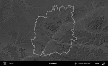 Compiegne. Gri tonlu yükseklik haritasında Fransa 'nın idari bölgesinin ana hatları çizilmiş