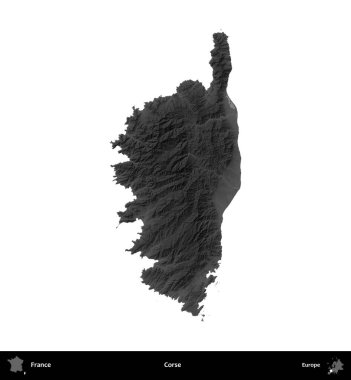 Ceset. Fransa 'nın idari bölgesi gri ölçekli yükseklik haritasında beyaza izole edildi
