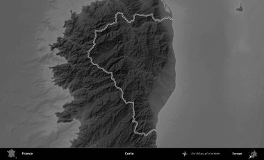 Doğru. Gri tonlu yükseklik haritasında Fransa 'nın idari bölgesinin ana hatları çizilmiş