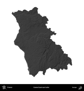 Cosne-Cours-sur-Loire. Fransa 'nın idari bölgesi gri ölçekli yükseklik haritasında beyaza izole edildi