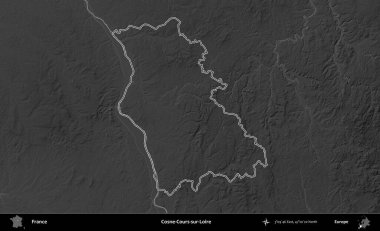 Cosne-Cours-sur-Loire. Gri tonlu yükseklik haritasında Fransa 'nın idari bölgesinin ana hatları çizilmiş