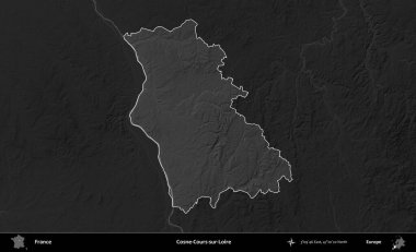 Cosne-Cours-sur-Loire. Fransa 'nın idari alanı kararmış bir gri tonlama yükselme haritasına vurgulandı ve özetlendi