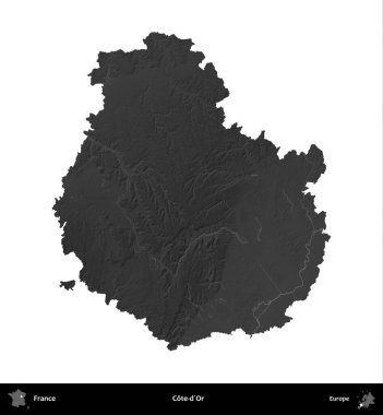 Cote-d'Or. Fransa 'nın idari bölgesi gri ölçekli yükseklik haritasında beyaza izole edildi