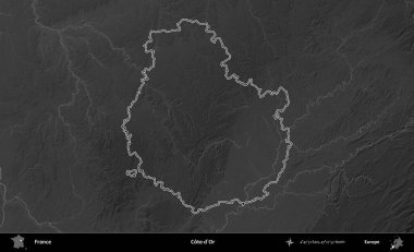 Cote-d'Or. Gri tonlu yükseklik haritasında Fransa 'nın idari bölgesinin ana hatları çizilmiş