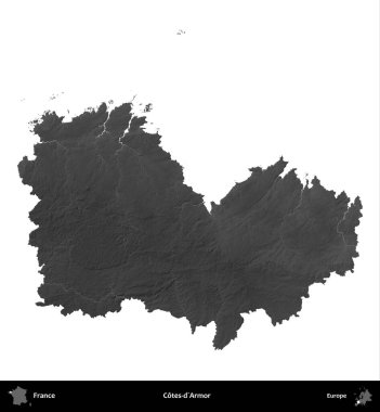 Cotes-d'Armor. Fransa 'nın idari bölgesi gri ölçekli yükseklik haritasında beyaza izole edildi