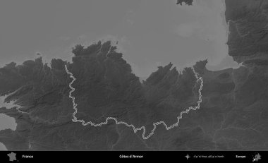 Cotes-d'Armor. Gri tonlu yükseklik haritasında Fransa 'nın idari bölgesinin ana hatları çizilmiş