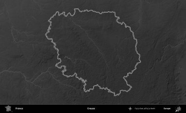Creuse. Gri tonlu yükseklik haritasında Fransa 'nın idari bölgesinin ana hatları çizilmiş