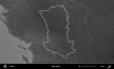 Deux-Sevres. Gri tonlu yükseklik haritasında Fransa 'nın idari bölgesinin ana hatları çizilmiş