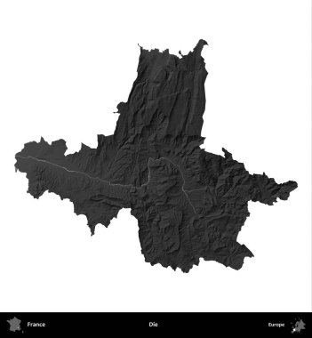 Öl! Fransa 'nın idari bölgesi gri ölçekli yükseklik haritasında beyaza izole edildi