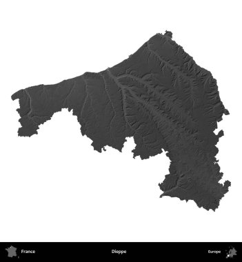 Dieppe. Fransa 'nın idari bölgesi gri ölçekli yükseklik haritasında beyaza izole edildi