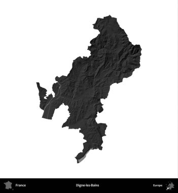 Digne-les-Bains. Fransa 'nın idari bölgesi gri ölçekli yükseklik haritasında beyaza izole edildi