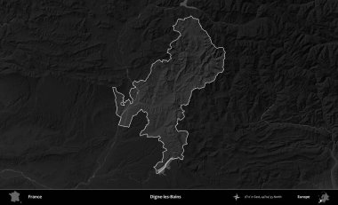 Digne-les-Bains. Fransa 'nın idari alanı kararmış bir gri tonlama yükselme haritasına vurgulandı ve özetlendi