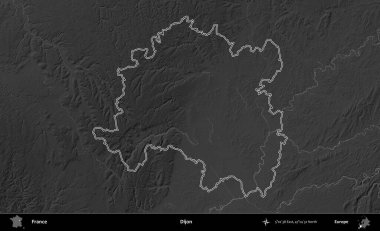 Dijon. Gri tonlu yükseklik haritasında Fransa 'nın idari bölgesinin ana hatları çizilmiş
