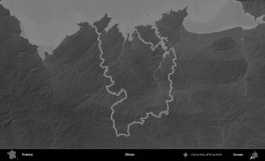 Dinan. Gri tonlu yükseklik haritasında Fransa 'nın idari bölgesinin ana hatları çizilmiş
