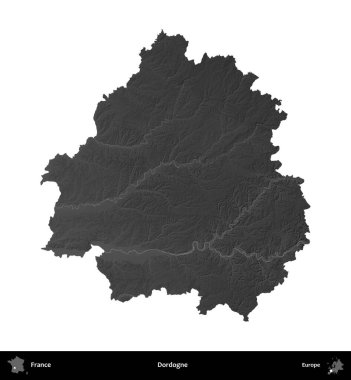 Dordogne. Fransa 'nın idari bölgesi gri ölçekli yükseklik haritasında beyaza izole edildi