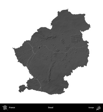 Douai. Fransa 'nın idari bölgesi gri ölçekli yükseklik haritasında beyaza izole edildi