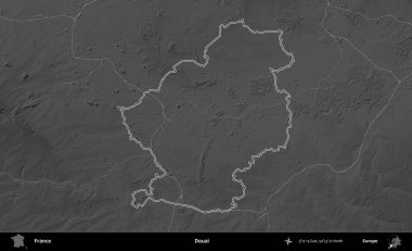 Douai. Gri tonlu yükseklik haritasında Fransa 'nın idari bölgesinin ana hatları çizilmiş