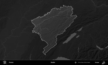 Hödükler. Fransa 'nın idari alanı kararmış bir gri tonlama yükselme haritasına vurgulandı ve özetlendi