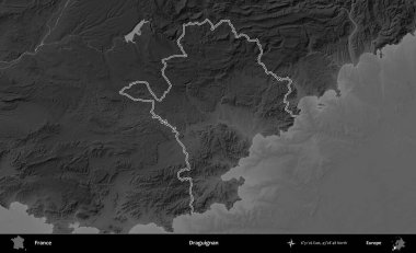 Draguignan. Gri tonlu yükseklik haritasında Fransa 'nın idari bölgesinin ana hatları çizilmiş