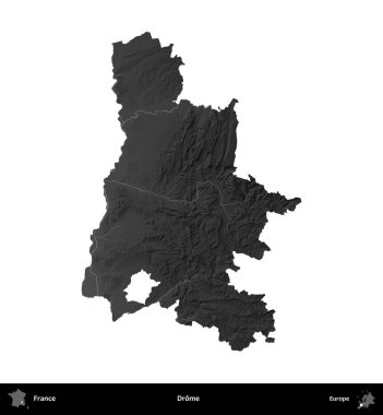 Drome. Fransa 'nın idari bölgesi gri ölçekli yükseklik haritasında beyaza izole edildi