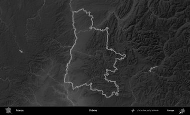 Drome. Gri tonlu yükseklik haritasında Fransa 'nın idari bölgesinin ana hatları çizilmiş