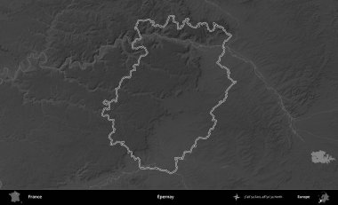 Epernay. Gri tonlu yükseklik haritasında Fransa 'nın idari bölgesinin ana hatları çizilmiş