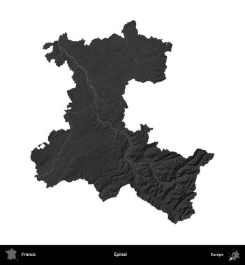 Epinal. Fransa 'nın idari bölgesi gri ölçekli yükseklik haritasında beyaza izole edildi