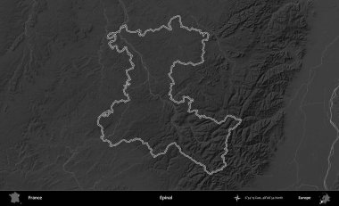 Epinal. Gri tonlu yükseklik haritasında Fransa 'nın idari bölgesinin ana hatları çizilmiş