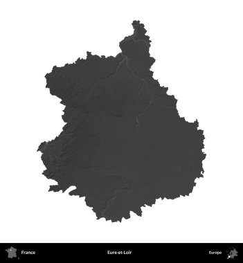 Eure-et-Loir. Fransa 'nın idari bölgesi gri ölçekli yükseklik haritasında beyaza izole edildi