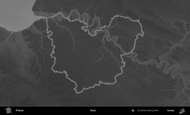 Eure. Gri tonlu yükseklik haritasında Fransa 'nın idari bölgesinin ana hatları çizilmiş